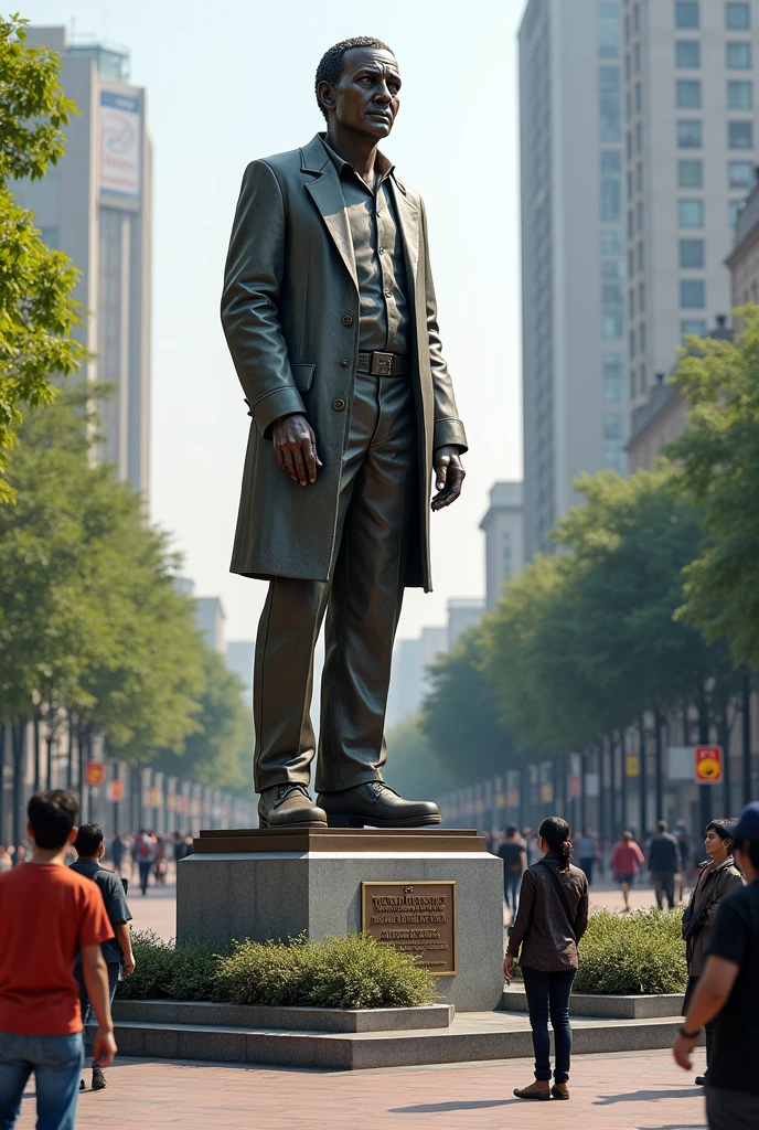 A statue of Ramanujan in a public space, with people from all walks of life passing by and paying respects.