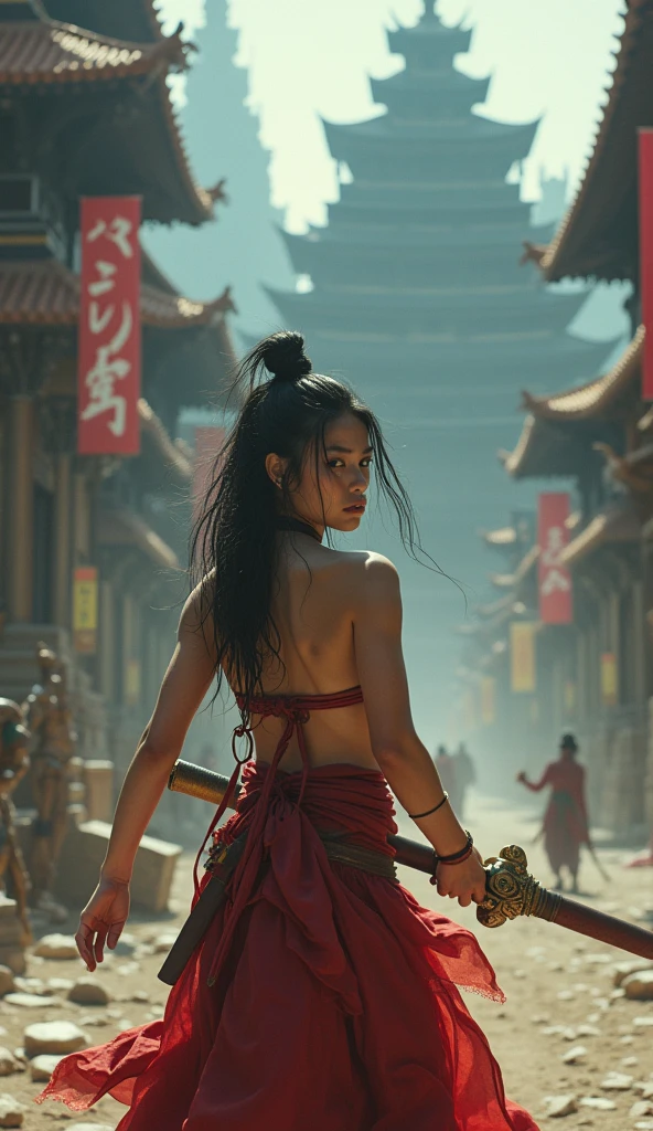 Highest quality　8K Japanese Beautiful Girl　Fantastic World　Fantastic costumes　Fantastic Background　Long shot　whole body　Fantastic Building　Fighting stance　Sweat gushing forth　Disheveled Hair　heavy breathing　Carrying a weapon　The figures are small