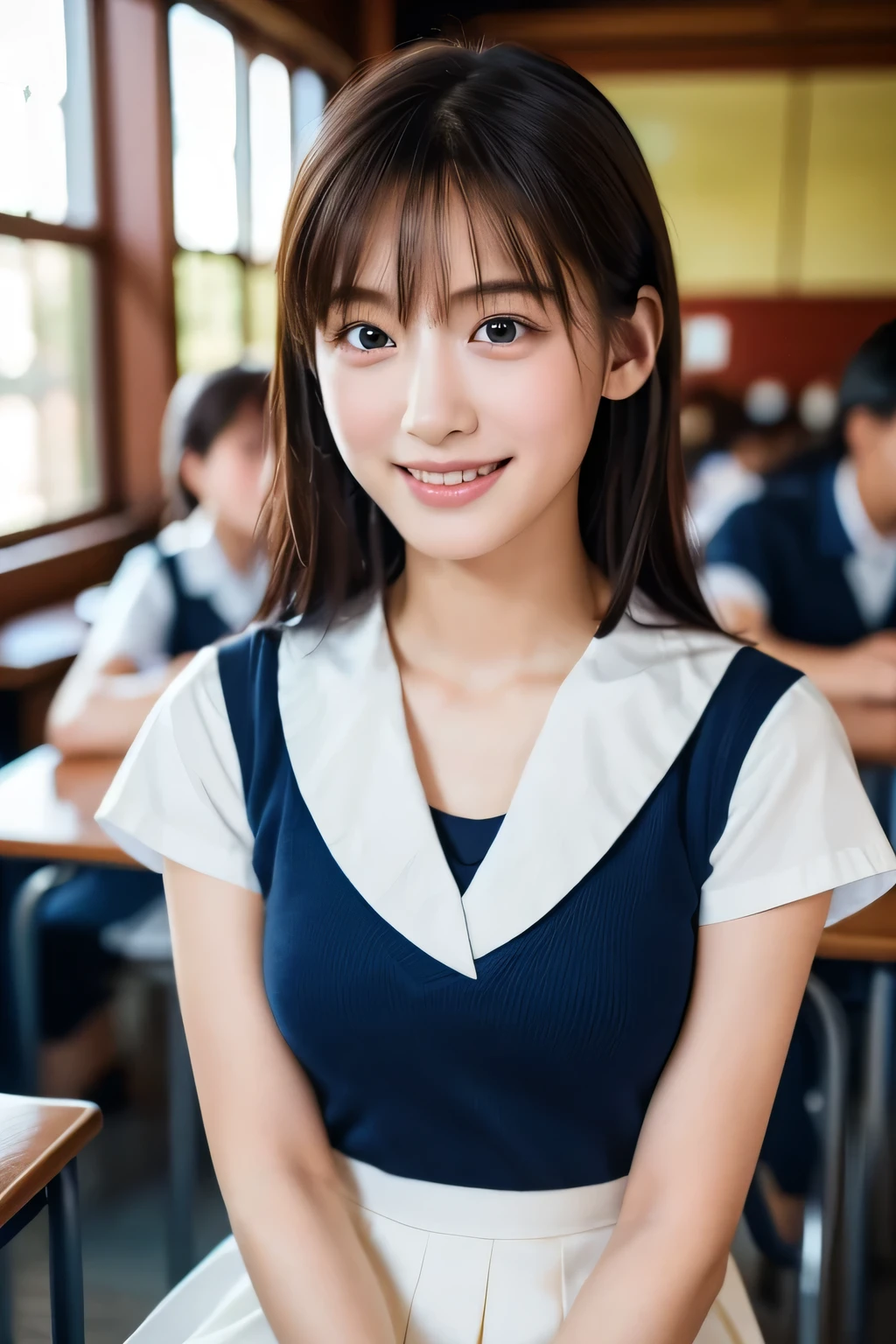 (A beautiful girl talking to her friends:1.3), (Highest quality:1.4), (Very detailed), (Very detailed美しい顔), Laughing with your mouth open, (Baby Face:1.3), School uniforms, Short-sleeved sailor suit, Take a seat, Great face and eyes, iris, Medium Hair, The Beauty of Japan, (Skinny body type:1.3), (Flat Chest:1.3), (Face close-up:1.2), classroom, Classmates behind, Smooth, Very detailed CG synthesis 8k wallpaper, High-resolution RAW color photos, Professional photography, Light, BackLight, dream-like, impressive, Written boundary depth, School zone, (Shot from afar and to the side:1.3)