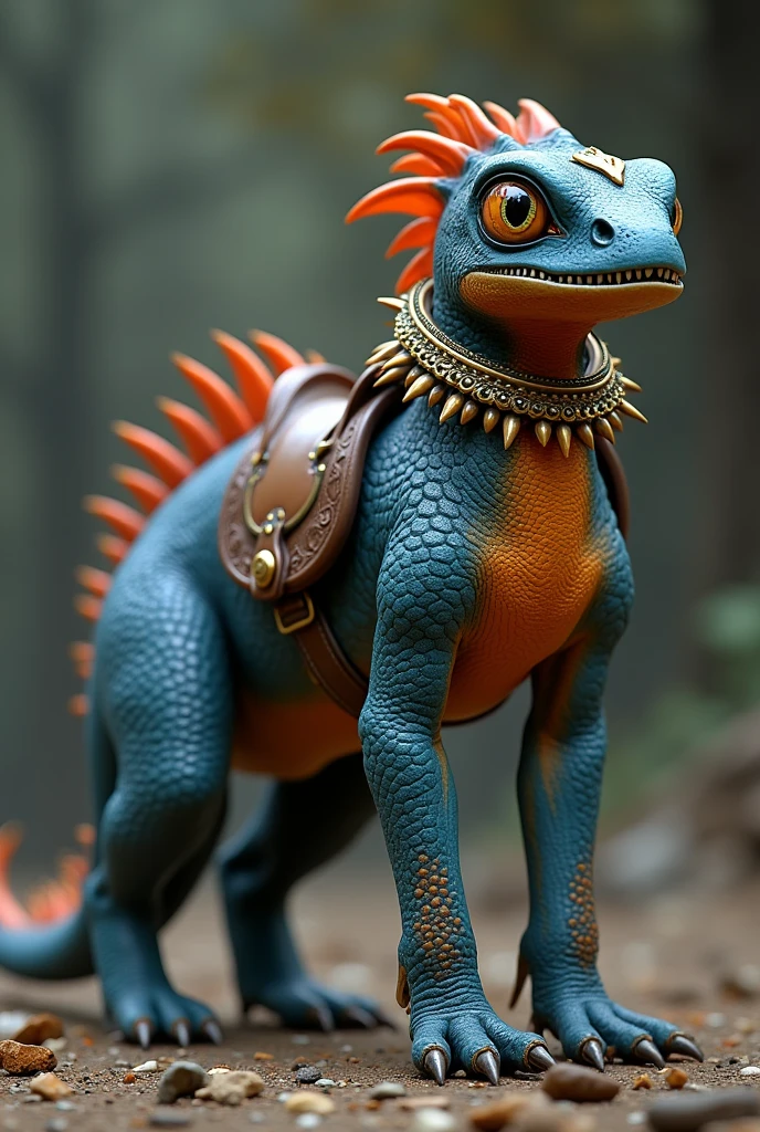 En photo réalisme. Dans l'univers du jeu vidéo Fallout 3. A mix between a Flayer and a Chameleon. It's a mount. Il marche à quattre pattes et a une belle selle sur le dos mais pas de cavalier. he is two meters tall he is fast and agile.
Il a des yeux globuleux, des dents pointues mais reste très mignon.
Its scaly skin is dark blue and orange around the eyes with a few touches of gold. It is very beautiful.
Maintenant je veux la version adulte avrc une grosse collerette et plus mignon
