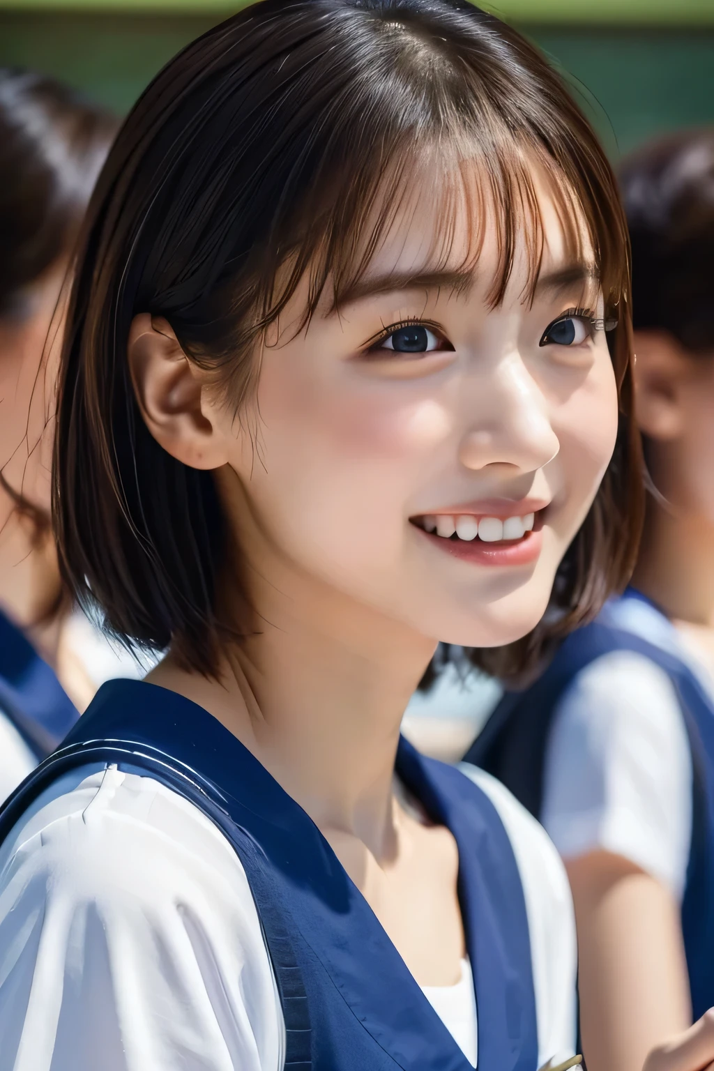masterpiece, highest quality、Raw photo, Photorealistic、1、12 years old、Junior high school classroom、White swimsuit、Laugh with your mouth wide open、Very short hair、Junior High 、unbelievably ridiculous、Depth of written boundary, High resolution, Ultra-detailed, Sharp focus, Cinema Lighting