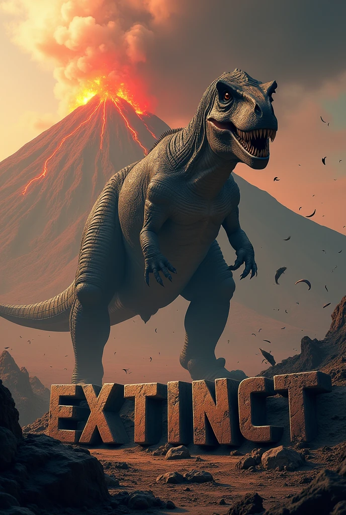 Generate an image with a dinosaur with a stone text that says extinct, with a volcanic background and skeletal head rain with fire