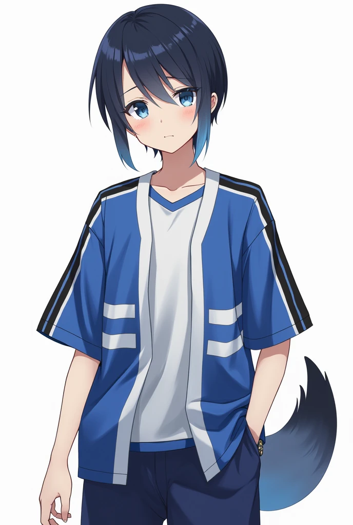 He has hair that is black and indigo。He has straight short hair with no bangs。He has slightly upturned eyes and blue eyes。He is wearing a slightly loose jersey。The jersey is blue on the torso with white lines drawn symmetrically。There is a black line on the shoulder that changes to a white line on the sleeve。He has black sleeves。He is wearing a plain white T-shirt with a blue collar as an inner layer。The pants are jersey pants with white lines running from the waist to the hem。He wears red sneakers。He has a tear mole on his right eye。He is wearing a white to blue gradient soft animal-like tail accessory on his left hip。Anime Style。