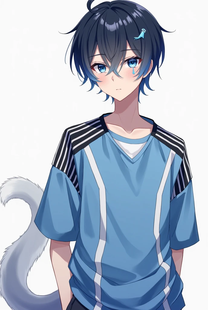 He has hair that is black and indigo。He has straight short hair with no bangs。He has slightly upturned eyes and blue eyes。He is wearing a slightly loose jersey。The jersey is blue on the torso with white lines drawn symmetrically。There is a black line on the shoulder that changes to a white line on the sleeve。He has black sleeves。He is wearing a plain white T-shirt with a blue collar as an inner layer。The pants are jersey pants with white lines running from the waist to the hem。He wears red sneakers。He has a tear mole on his right eye。He is wearing a white to blue gradient soft animal-like tail accessory on his left hip。Anime Style。