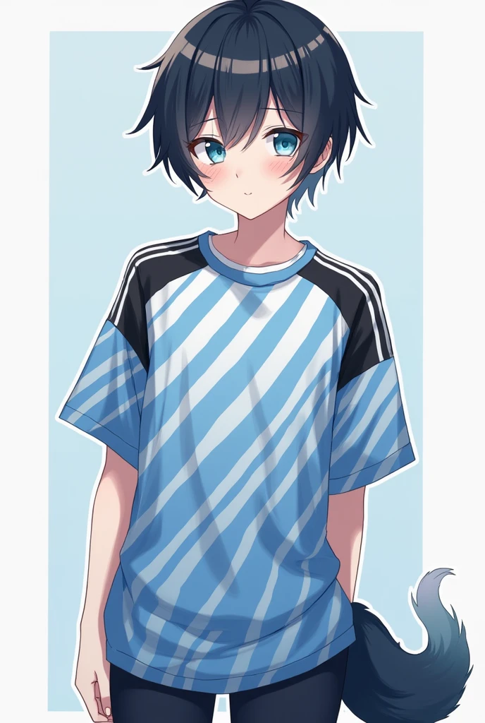 He has hair that is black and indigo。He has straight short hair with no bangs。He has slightly upturned eyes and blue eyes。He is wearing a slightly loose jersey。The jersey is blue on the torso with white lines drawn symmetrically。There is a black line on the shoulder that changes to a white line on the sleeve。He has black sleeves。He is wearing a plain white T-shirt with a blue collar as an inner layer。The pants are jersey pants with white lines running from the waist to the hem。He wears red sneakers。He has a tear mole on his right eye。He is wearing a white to blue gradient soft animal-like tail accessory on his left hip。Anime Style。