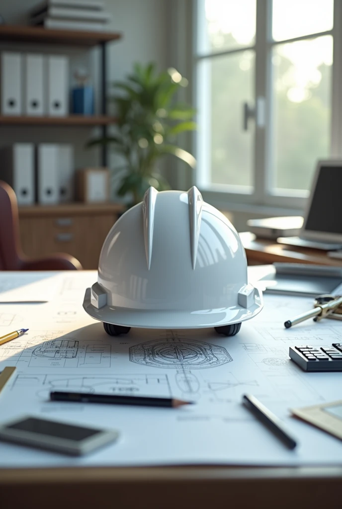 large desk table, an open engineering project on the table, on the table you can see a pencil, a pen, a compass, a calculator, and a ruler, the background is an engineering office, clear, clean and organized, sunlight coming through the window. Featured on the table is a fire department helmet (MSA F1XF Gallet model in white).