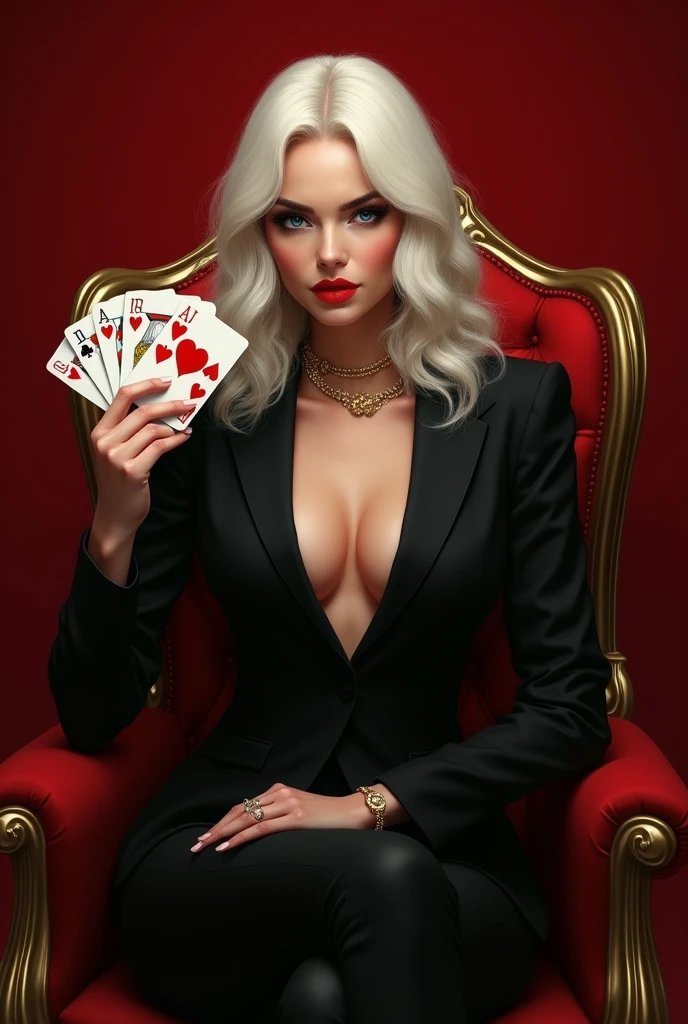 A beautiful digital art mafia woman full body with long platinum hair and beautiful blue eyes. wearing a black suit with gold acessories. she is holding card with red heart deck of cards while sitting in a luxury chair. Plain Red background