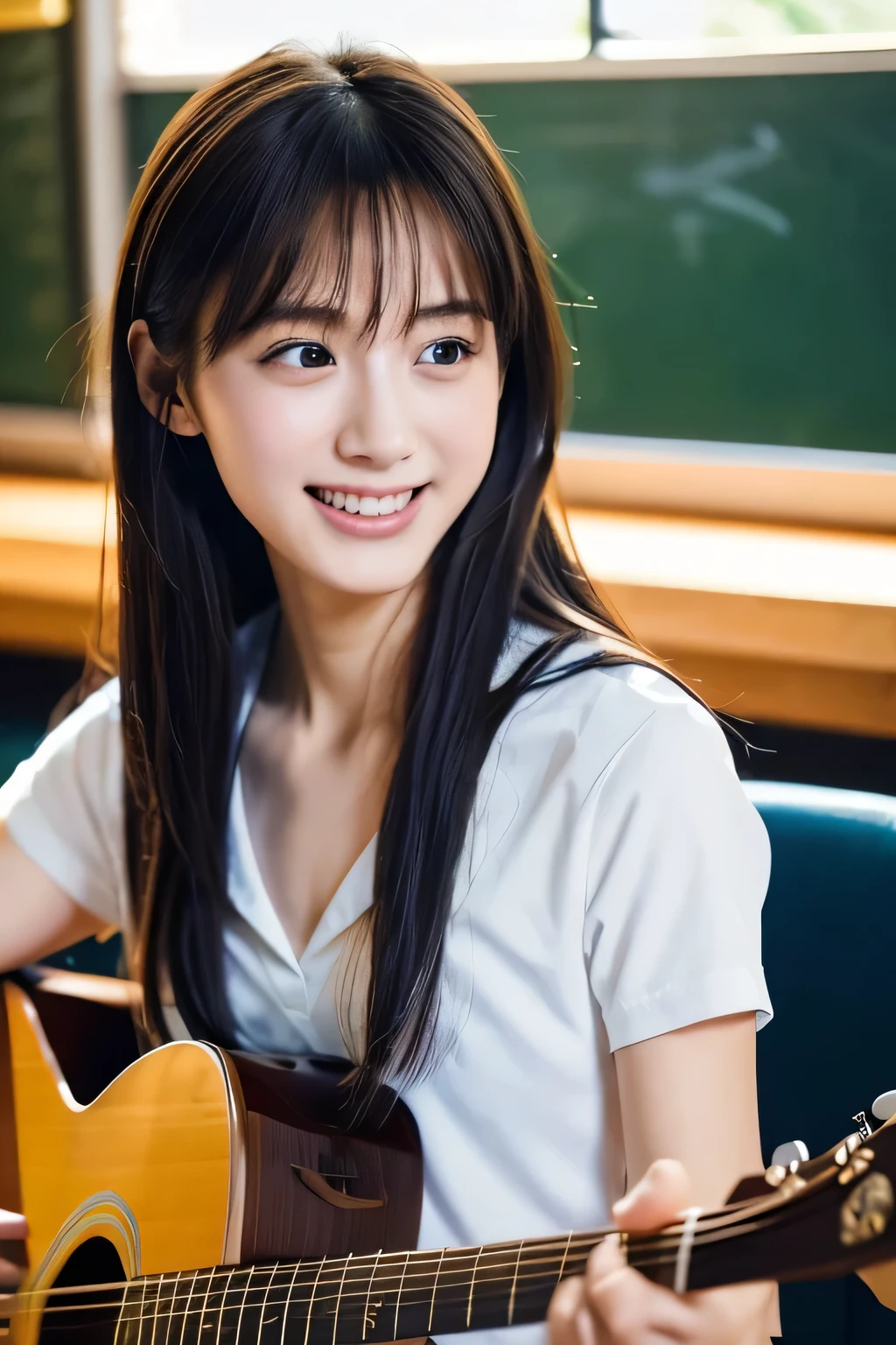 (Beautiful girl playing guitar:1.3), (Highest quality:1.4), (Very detailed), (Very detailed美しい顔), Laughing with your mouth open, (Baby Face:1.3), School uniforms, Short-sleeved sailor suit, Take a seat, Great face and eyes, iris, Medium Hair, The Beauty of Japan, (Skinny body type:1.3), (Flat Chest:1.3), (Face close-up:1.2), classroom, Classmates behind, Smooth, Very detailed CG synthesis 8k wallpaper, High-resolution RAW color photos, Professional photography, Light, BackLight, dream-like, impressive, Written boundary depth, School zone, (Shot from afar and to the side:1.3)
