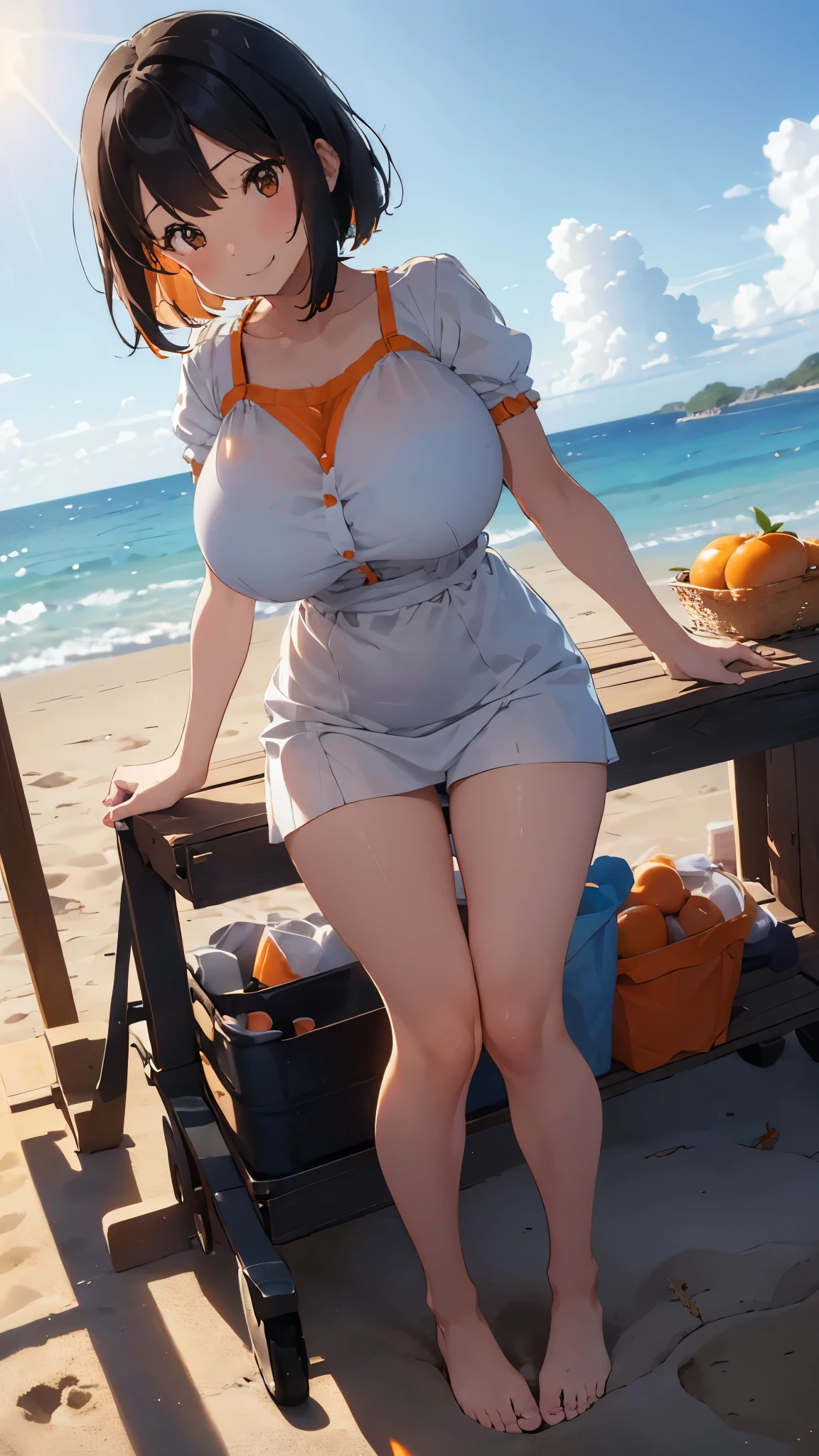 (Cute Smile、Black Hair Short Bob、Cute orange hair clip)、((Clothed Big Tits、A white blouse clinging tightly to an orange bra))、((Orange long flare cart、Pure white cute underwear))、barefoot、barefoot、((Sandy beach, sea and blue sky))、((The face is in focus and the background is blurred、Shallow depth of field))、Realistic、Standing posture、((Moderately large breasts、Closer valley))