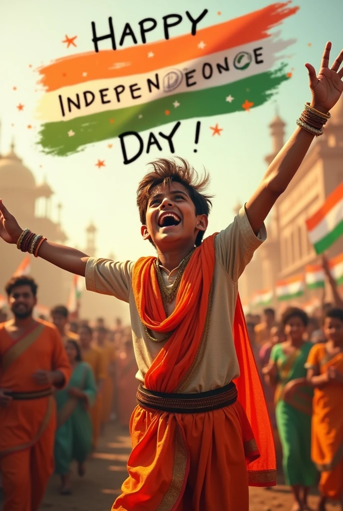 A real 17-year-old boy joyfully celebrates Indian Independence Day. He is wearing traditional Indian outfits with the name "RAVI CHOYAL" written on his attire. Above him, in the sky, the words "Happy Independence Day" are displayed in a bold font. The backdrop is filled with people celebrating, enhancing the festive and patriotic spirit of the day.