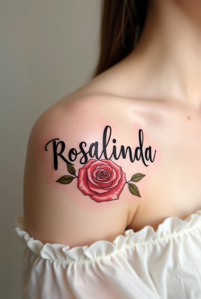 Create a name tattoo design "Rosalinda", add a rose and use a font that looks elegant, Don't put on the pre-made tattoo 