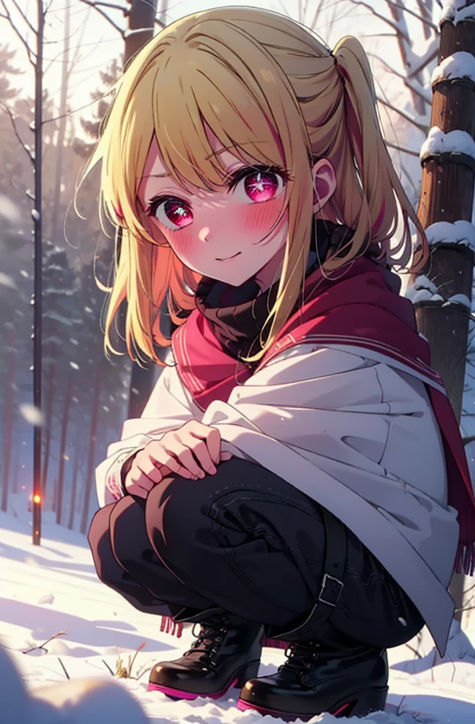 rubyhoshino, Hoshino Ruby, Long Hair, bangs, Blonde, (Pink Eyes:1.3), (Symbol-shaped pupil:1.5), Multicolored Hair, Two-tone hair, smile,blush,white breath,
Open your mouth,snow,Ground bonfire, Outdoor, boots, snowing, From the side, wood, suitcase, Cape, Blurred, , forest, White handbag, nature, Squat, Mouth closed, Cape, winter, Written boundary depth, Black shoes, red Cape break looking at viewer, Upper Body, whole body, break Outdoor, forest, nature, break (masterpiece:1.2), Highest quality, High resolution, unity 8k wallpaper, (shape:0.8), (Beautiful and beautiful eyes:1.6), Highly detailed face, Perfect lighting, Highly detailed CG, (Perfect hands, Perfect Anatomy),