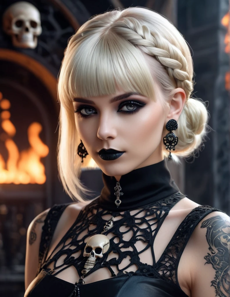 Very attractive 25 year old caucasian female with platinum blonde bob hair, with bangs, octane render, hdr, 8k render wallpaper, a beautifull gothic woman with (subtle black make-up), (turtleneck Black dresses with lace and skulls accents) , (long braided hair), (hair ornaments, earrings, skull hair ornaments, skull hair ornaments), in a Science Fiction world, ultra detailed eyes, (best quality, ultra highres, ultra-detailed), portrait, detailed skin, looking at viewer, (firescape background), natalee,