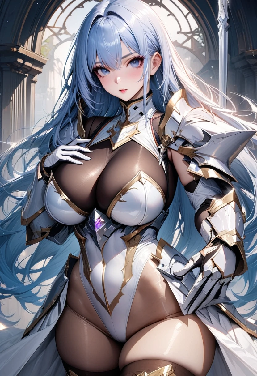 ((highest quality)), ((masterpiece)), ((hyperrealistic)), (solo), 1girl, ((curvy)), ((skindantation: 1.2)), perfect face, ((Azur Lane)), ((armored dress: 1.2)), ((paladin armor)), ((skin-tight high neck white leotard: 1.4)), ((white knight armor breastplate)), ((skin-tight black Investigator Bodystocking)), ((large pauldron)), (long gauntlet gloves), ((light blue hair straight long hair)), ((large breasts that look like they might burst)), ((pantyhose thighs)), (white knee-high boots), ((see through cleavage cutout)), zettai ryouiki, beautiful blue eyes, Perfect hands, perfect fingers, A magical spear decorated with luxurious goldwork., prepare a spear, makeup, wave hand