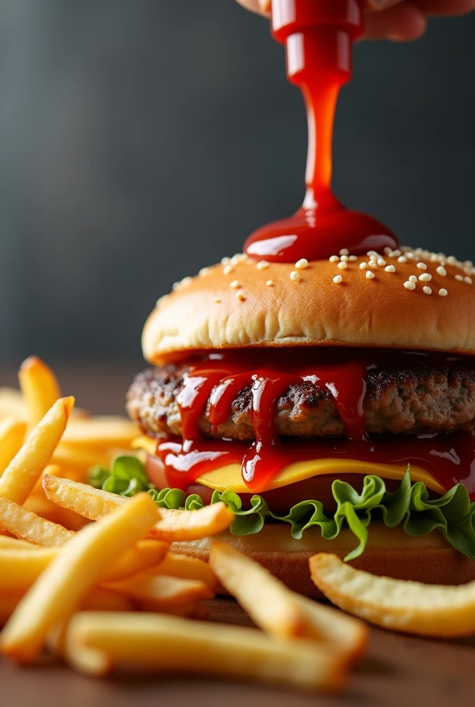 **Modern Fast Food**: A close-up of a modern fast food meal, such as burgers and fries, with ketchup being squeezed out of a bottle