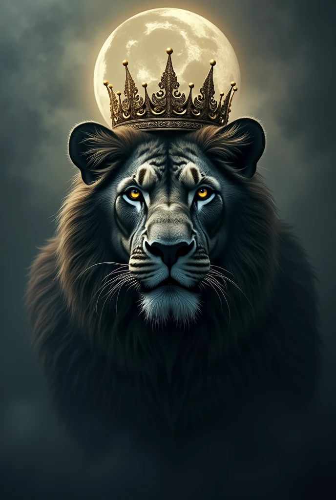 Lion head,crown,black,gold,moon,stormy fog,mystical touch,DARK mystic Background 