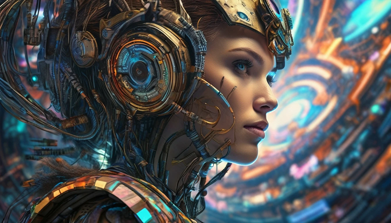 shantel vansanten woman (a closeup:.5)  a fisheye lens photo of a post apocalyptic tribal cyborg dj tweaking and playing synthesizers in the most complicated and technical spiral fractal musical studio, powerful, cinematic, beautifully lit, by donato giancola, by artgerm, by karol bak, 3d, perfect face and body, trending on artstation, octane render, 8k Ultra