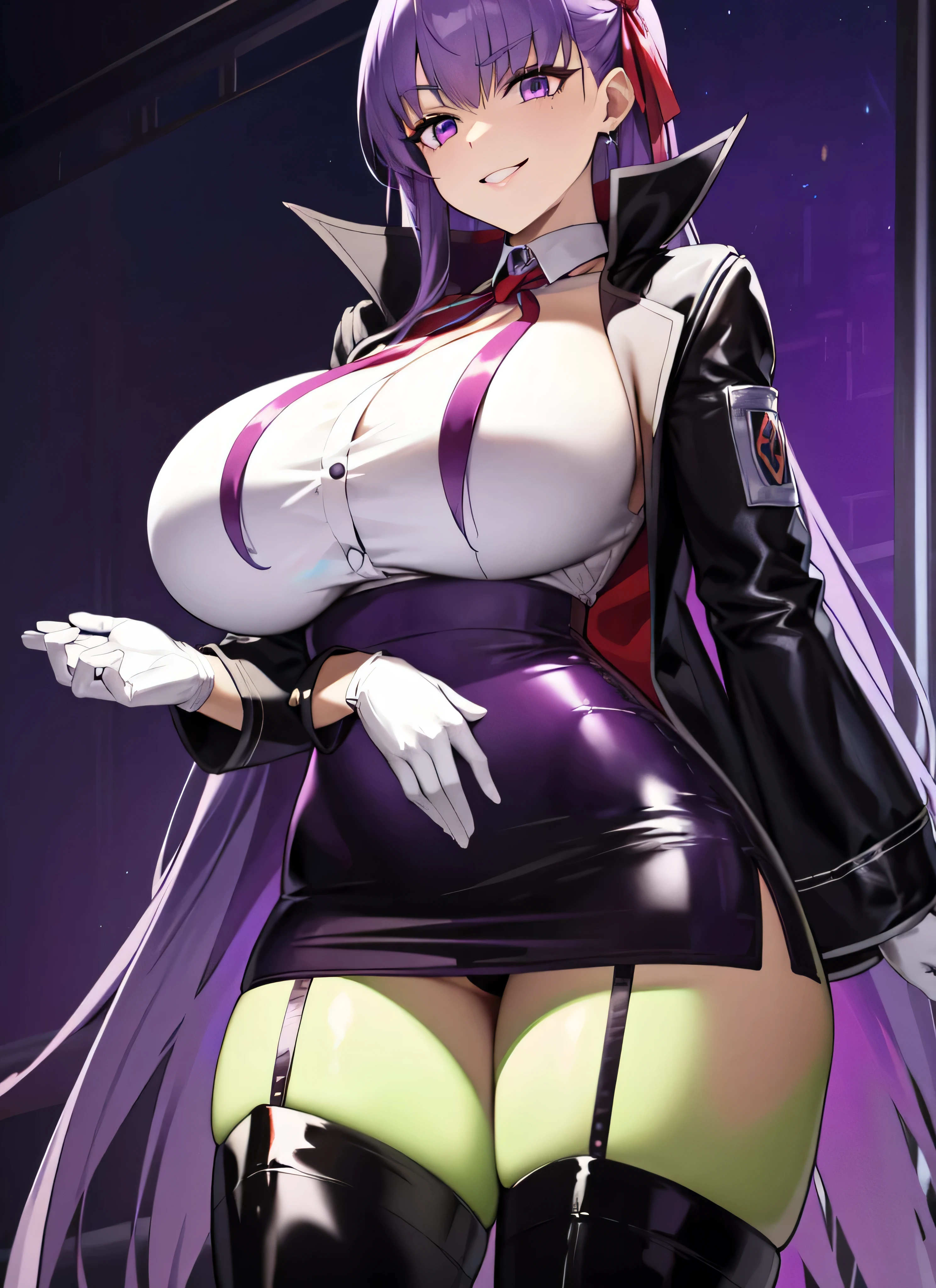  Isoscale, Mid Shot,  night, ,,, Purple Hair, Black jacket, White shirt, Black Skirt, Red ribbon, Big Breasts, Purple eyes, White gloves, Long Hair, Large collar, Wicked Smile,,Thigh-high boots,(Wicked Smile:1.3),Highly detailed CG Unity 8K wallpapers, Perfect lighting,,Looking down at the viewer,,Anxious smile,Black and purple world background,deep shaded face(eyes in shadow),solo,yandere,latex