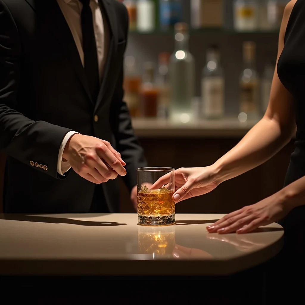 Bar counter, man's hand in a suit sitting, female bartender's hand handing over a rock glass, female bartender's bare arm