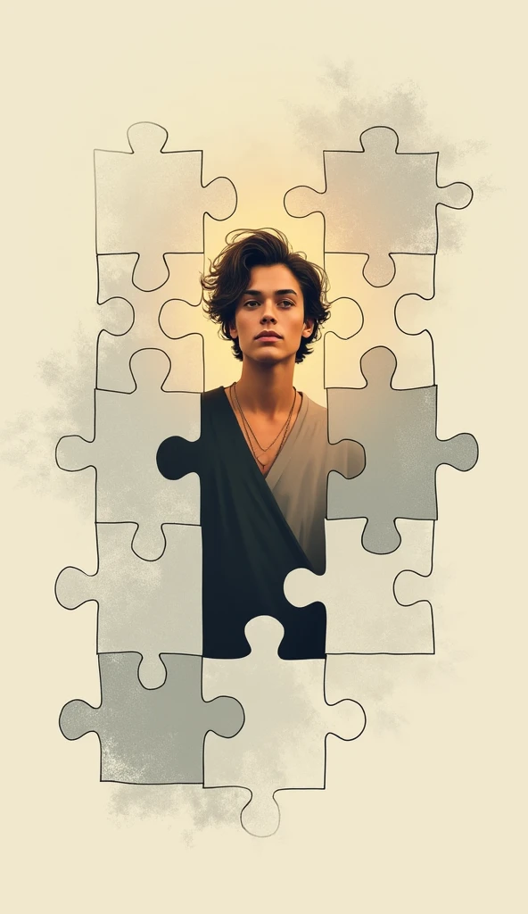 A person is revealed inside the puzzle, representing the individual taking control of their life, Illustration Drawing Stoicism