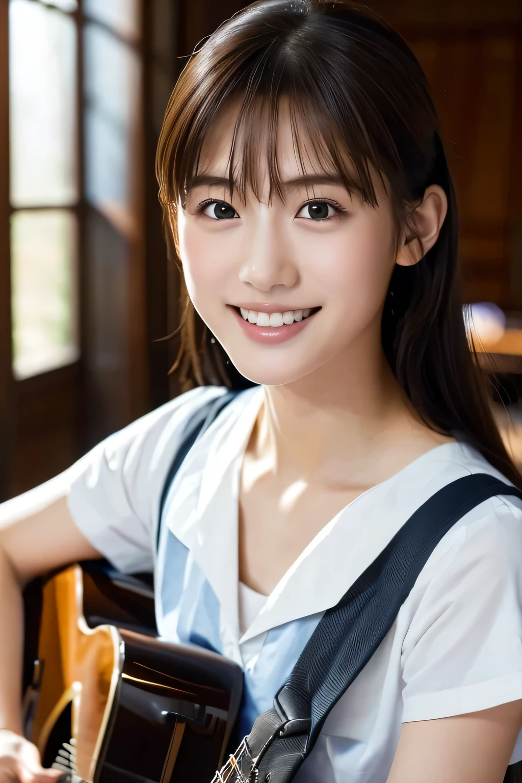 (Beautiful girl playing guitar:1.3), (Highest quality:1.4), (Very detailed), (Very detailed美しい顔), Laughing with your mouth open, (Baby Face:1.3), School uniforms, Short-sleeved sailor suit, Take a seat, Great face and eyes, iris, Medium Hair, The Beauty of Japan, (Skinny body type:1.3), (Flat Chest:1.3), (Face close-up:1.2), classroom, Classmates behind, Smooth, Very detailed CG synthesis 8k wallpaper, High-resolution RAW color photos, Professional photography, Light, BackLight, dream-like, impressive, Written boundary depth, School zone, (Shot from afar and to the side:1.3)