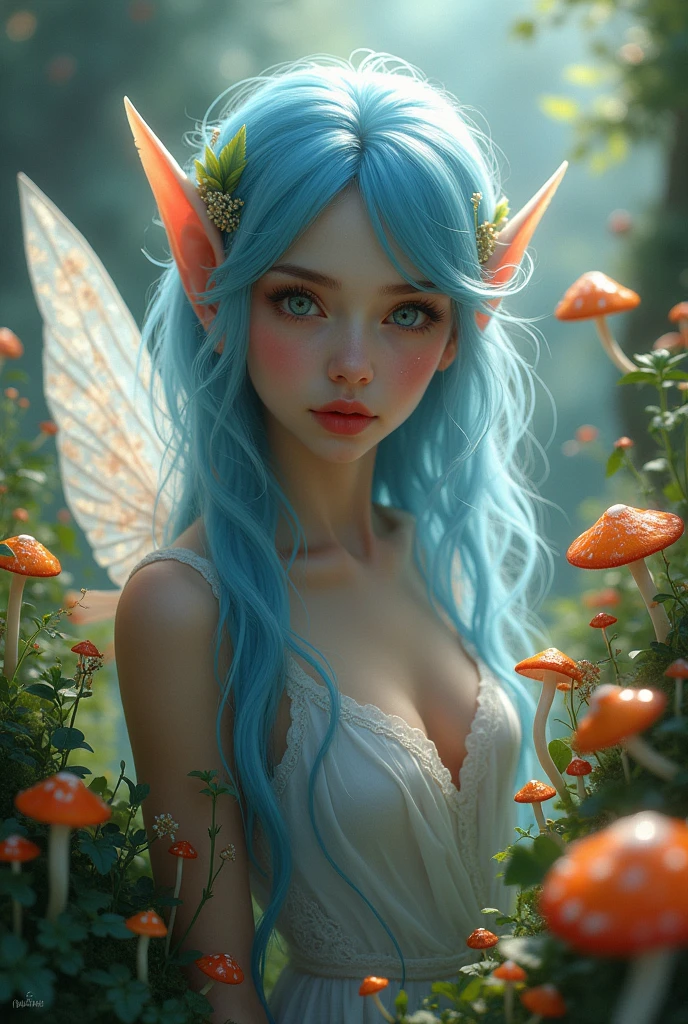 A fairy woman with a baby blue hair, a pair of wings and an elf ears in a mushroom land portrait