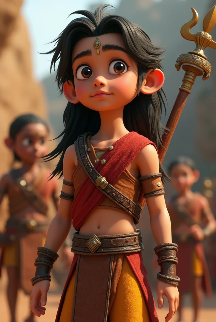 In Cinematic 3D animation style images"Arjun holding the Rakt vajra with a determined look, ready to return to his village"