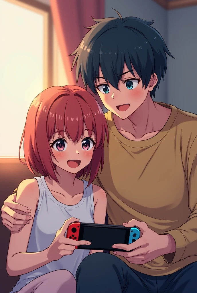 A moment of playful conflict between a couple. A girl, lost in a Nintendo Switch game, is teased by her boyfriend, a tall and striking figure with unique key-colored hair, as he reaches for the console. Anime