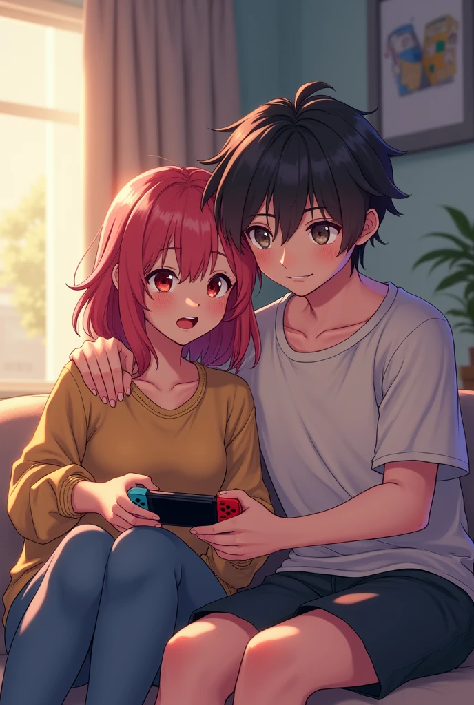 A moment of playful conflict between a couple. A girl, lost in a Nintendo Switch game, is teased by her boyfriend, a tall and striking figure with unique key-colored hair, as he reaches for the console. Anime