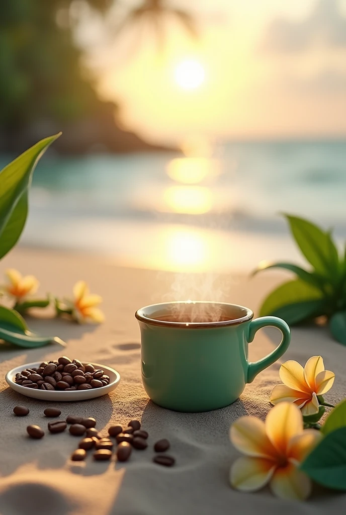 Sunrise beach green colour coffee mug relax little bit coffee beans on plates flowers snake plants