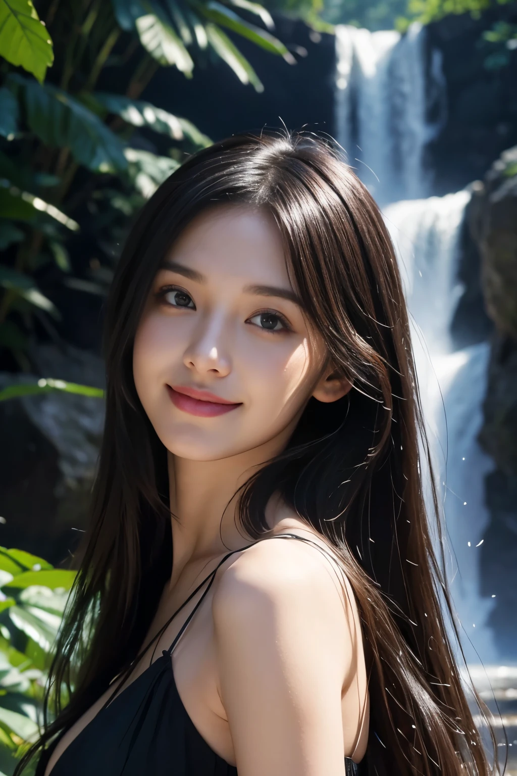 (ultra realistic) , (illustration), (increase resolution), (8K), (extremely detailed), (best illustration), (beautiful detailed eyes), (best quality), (ultra-detailed), (masterpiece), (wallpaper), (detailed face), 1 girl, black straight hair, slender body, delicate details, in the dark, deep shadow, low key, pureerosfaceace_v1, happy smile, summer dress, waterfall, rainforest