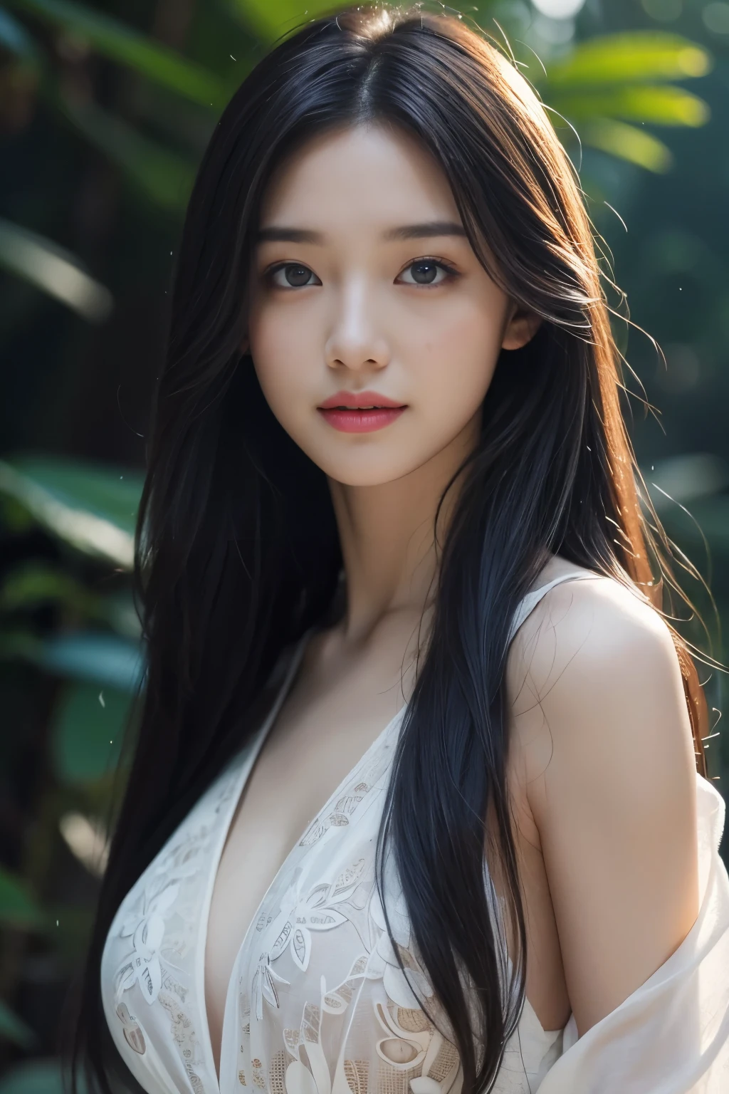 (ultra realistic) , (illustration), (increase resolution), (8K), (extremely detailed), (best illustration), (beautiful detailed eyes), (best quality), (ultra-detailed), (masterpiece), (wallpaper), (detailed face), 1 girl, black straight hair, slender body, delicate details, in the dark, deep shadow, low key, pureerosfaceace_v1, happy smile, summer dress, waterfall, rainforest