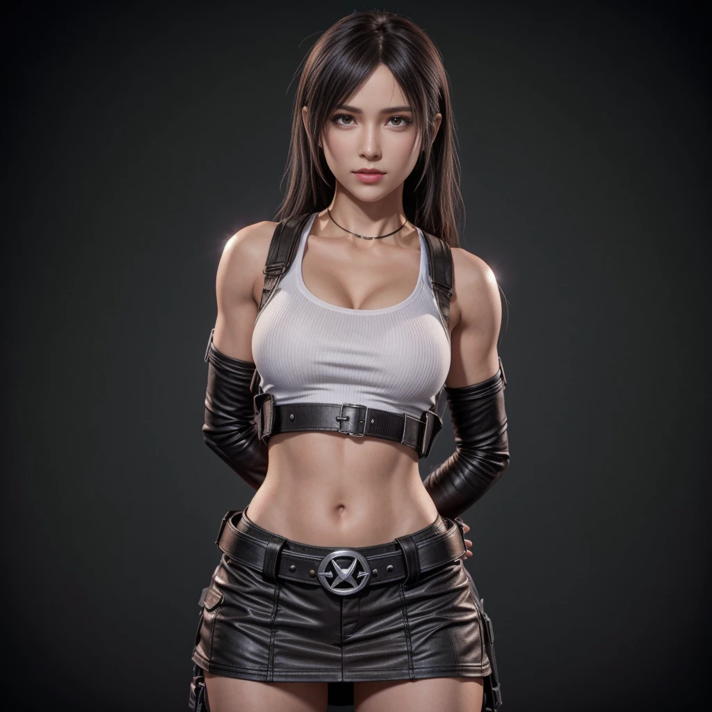 tifa lockhart, (best qualityer,ultra detali,realisitic:1.37),beautifull detailed face,perfect symmetry,perfectly shaped body,perfect make-up,bright coloured,studio lighting