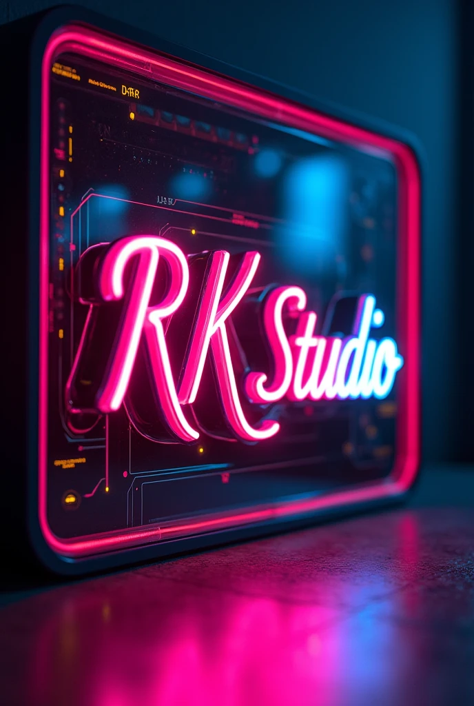 A Board With Neon Lights Rk Studio is written on the Board With Calligraphy Font