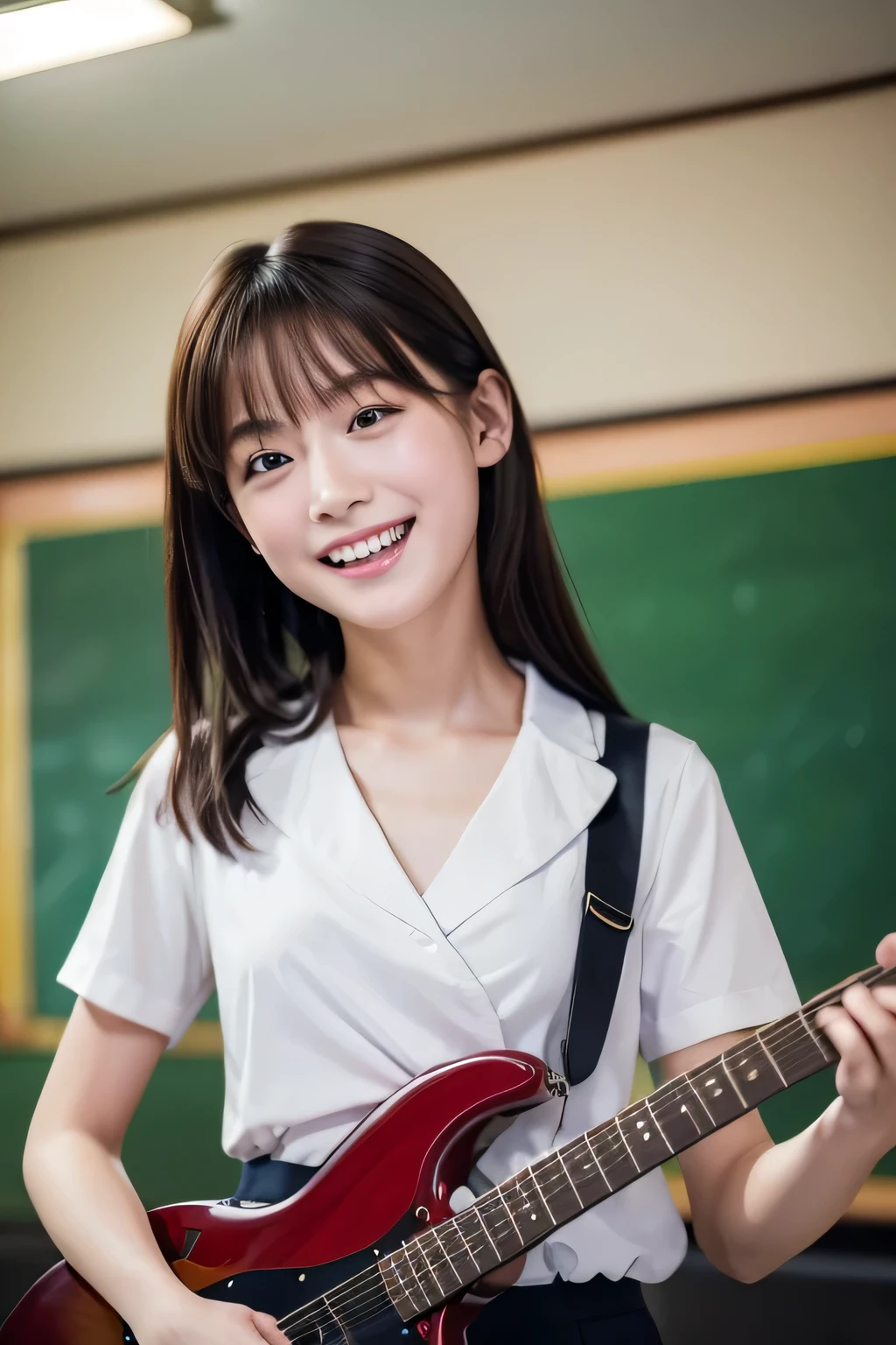 (Beautiful girl playing guitar:1.3), (Highest quality:1.4), (Very detailed), (Very detailed美しい顔), Laughing with your mouth open, (Baby Face:1.3), School uniforms, Short-sleeved sailor suit, Take a seat, Great face and eyes, iris, Medium Hair, The Beauty of Japan, (Skinny body type:1.3), (Flat Chest:1.3), (Face close-up:1.2), classroom, Classmates behind, Smooth, Very detailed CG synthesis 8k wallpaper, High-resolution RAW color photos, Professional photography, Light, BackLight, dream-like, impressive, Written boundary depth, School zone, (Shot from afar and to the side:1.3)