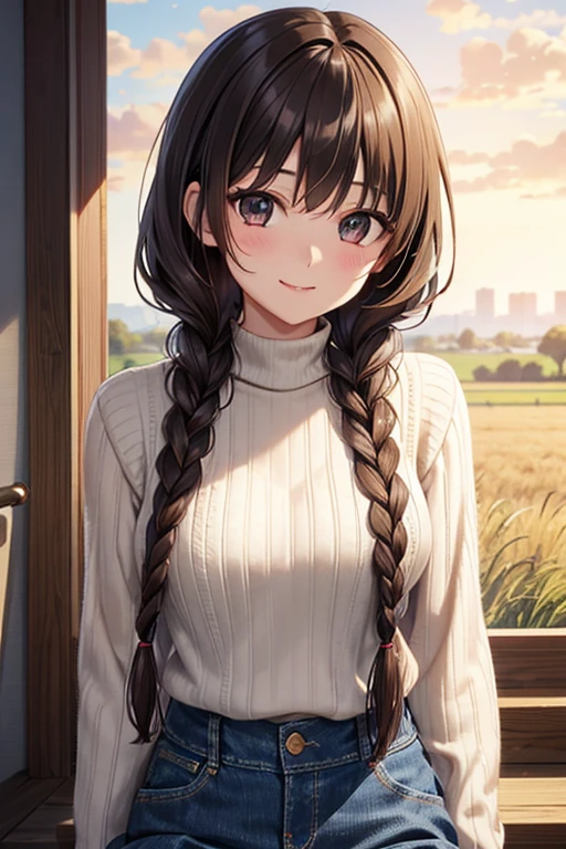 Yuno Shimazu、Shiny brown hair,Long Hair,  、((2 braids:1.5、Hair that falls over the shoulders)),Beautiful brown eyes、Sparkling eyes, Fine grain、smile、Ultra-detailed eyes、Highly detailed face, Highly detailed eyes,Cowboy Shot、

 

masterpiece, Highest quality, High resolution,  ((Black ribbed knit, BREAK denim skirt)),   wariza,  Grass, Field,