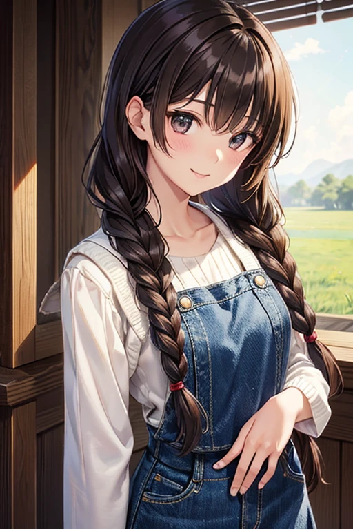 Yuno Shimazu、Shiny brown hair,Long Hair,  、((2 braids:1.5、Hair that falls over the shoulders)),Beautiful brown eyes、Sparkling eyes, Fine grain、smile、Ultra-detailed eyes、Highly detailed face, Highly detailed eyes,Cowboy Shot、

 

masterpiece, Highest quality, High resolution,  ((Black ribbed knit, BREAK denim skirt)),   wariza,  Grass, Field,