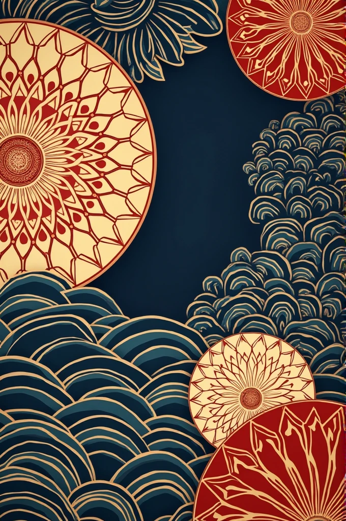 "Create an intricate and visually appealing image featuring a variety of traditional Japanese design patterns. Incorporate elements such as *asanoha* (hemp leaf), *seigaiha* (blue ocean waves), and *kikkō* (tortoise shell). The patterns should be arranged harmoniously in a balanced composition, using a color palette of deep indigo, gold, and crimson red. The overall aesthetic should evoke a sense of elegance, cultural richness, and attention to detail, typical of traditional Japanese art."