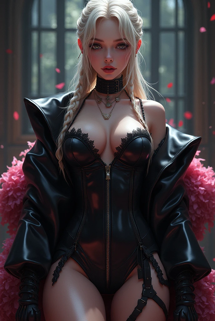 ((anime art: 1.5)), RPG art, Dark fantasy anime art, comic portrait of gothic queen (best details, Masterpiece, best quality :1.5), ultra detailed face (best details, Masterpiece, best quality :1.5), ultra feminine (best details, Masterpiece, best quality :1.5), wearing latex black mini dress, black stockings, pink high heels, long braided hair, hair pulled back, blond hair, dynamic goth background (best details, Masterpiece, best quality :1.5), ultra best realistic pictures , best details, best quality, 16k, [ultra detailed], masterpiece, best quality, (extremely detailed), ultra wide shot, photorealism, depth of field, hyper realistic painting, wearing collar, hihelz