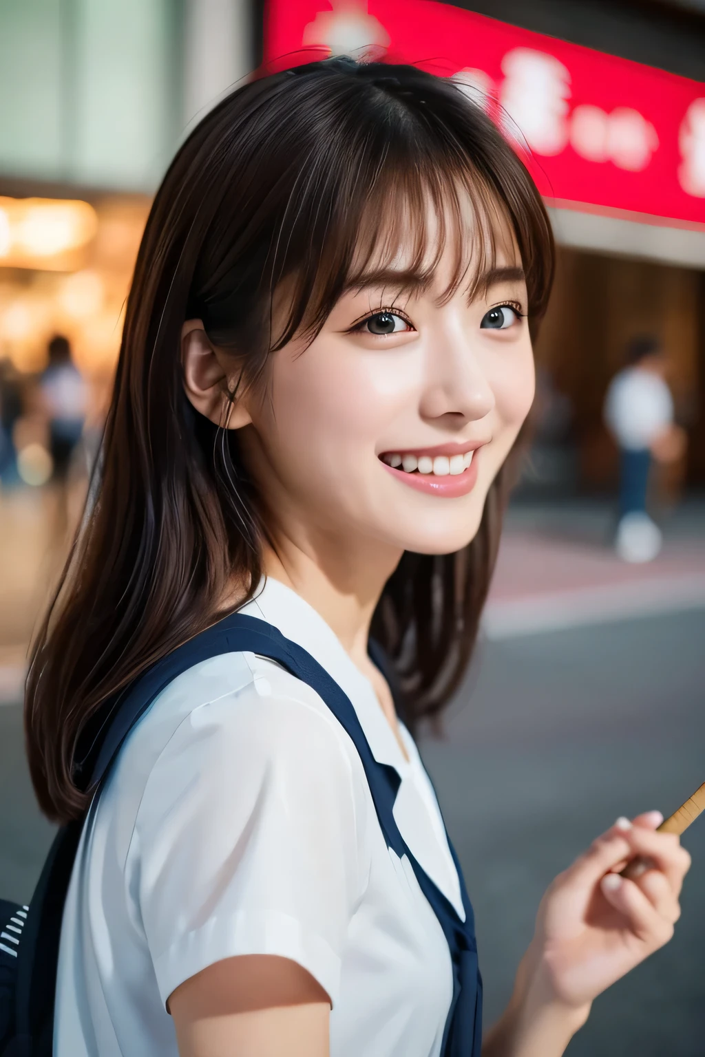 (Beautiful girl playing guitar:1.3), (Highest quality:1.4), (Very detailed), (Very detailed美しい顔), Laughing with your mouth open, (Baby Face:1.3), School uniforms, Short-sleeved sailor suit, Take a seat, Great face and eyes, iris, Medium Hair, The Beauty of Japan, (Skinny body type:1.3), (Flat Chest:1.3), (Face close-up:1.2), The square in front of the station, Passers-by behind, Smooth, Very detailed CG synthesis 8k wallpaper, High-resolution RAW color photos, Professional photography, Light, BackLight, dream-like, impressive, Written boundary depth, In front of the station, (Shot from afar and to the side:1.3)