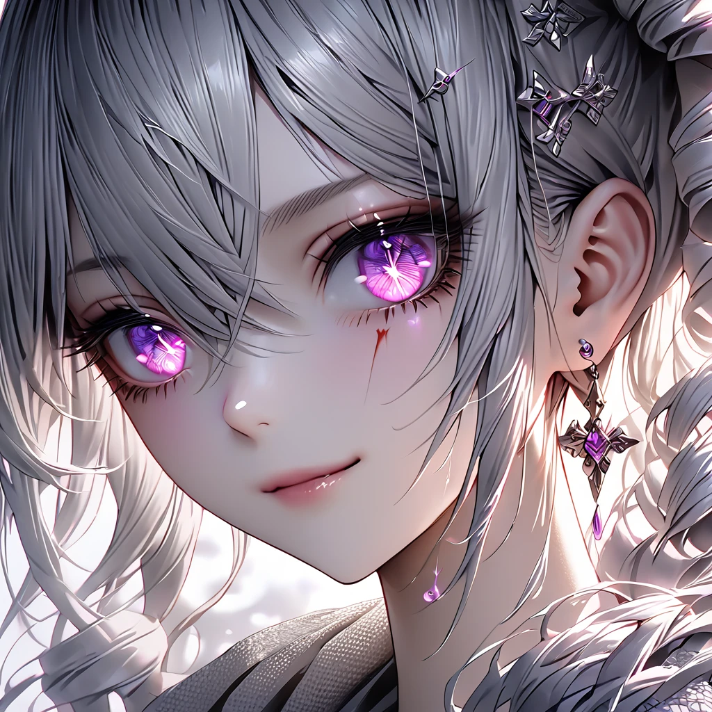 A highly detailed portrait of an adult Bronya Zaychick from Honkai Impact 3rd, with a silver long ponytail hairstyle, a cold piercing gaze, mystic glowing pupils, a small smile, a scar across her left eye, and some blood coming from the scar on her head, (best quality,4k,8k,highres,masterpiece:1.2),ultra-detailed,(realistic,photorealistic,photo-realistic:1.37),intricate details,photorealistic skin texture,detailed facial features,highly detailed eyes,detailed scarring,glowing mystic pupils,beautiful long silver hair,flowing hair,dramatic lighting,moody atmosphere,dark tones,cinematic composition