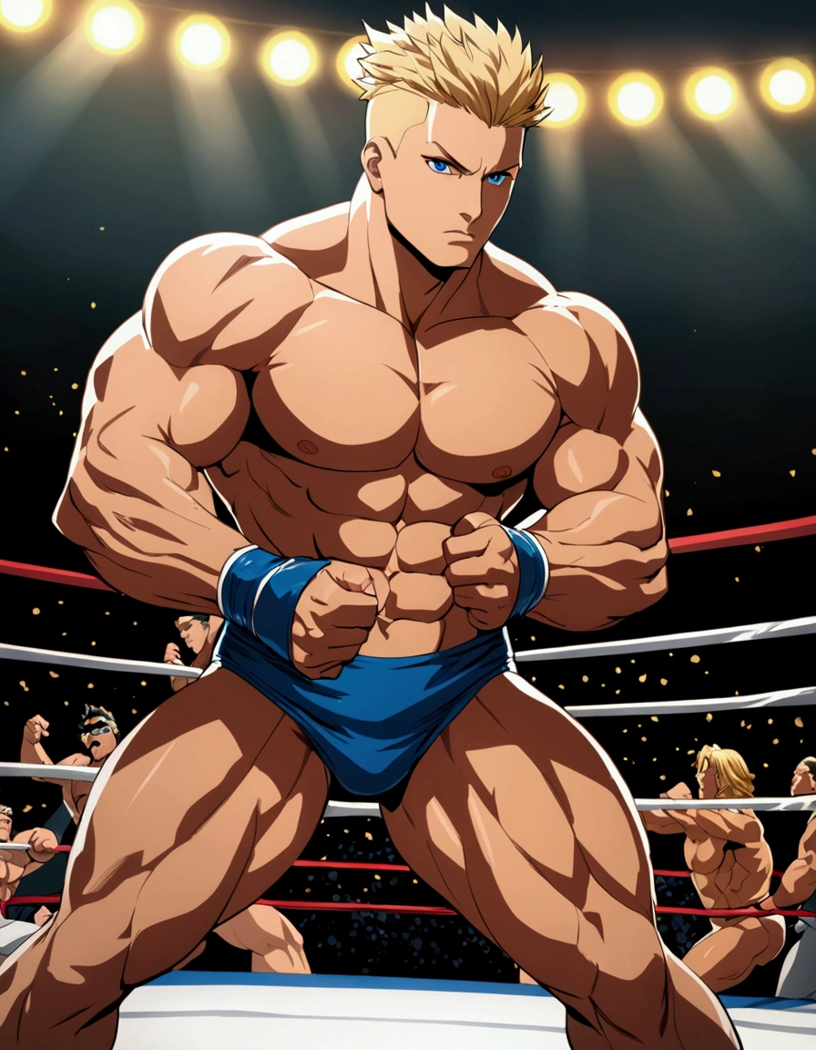 1guy, solid dude, gallant beau, blonde, tsurime, sanpaku, blue eyes, spiked hair, 24yo, heavy weight muscular, handsome westler, BREAK ideal ratio body proportions, stocky waist, sharp eyes, beautiful detailed eyes, toned body, elder chinpira, dark pupil, masculine playboy, BREAK solo, topless, black wrestling bikini, nipples, abs, fighting stance, hollywood action, on wrestling ring, detailed background, BREAK upperlegs focus, dramatic expression, 1990s, in capcom art style, in color comic style, in game illustration style, depth of field, dutch angle, cinematic shadows, cinematic lighting, lens flare, light leaks, VHS Quality, texture, absurdres absolutely resolution, extreme all detailed, greatest painting, BREAK masterpiece, best quality