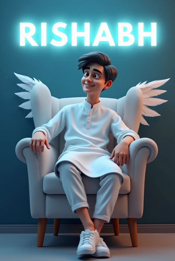 Casual Chic: Craft a delightful 3D profile picture depicting a young man (around 15 years old) with a friendly expression. Sporting a crisp white dhoti kurta and clean white sneakers, he leans back relaxed in a plush wingback chair. His eyes sparkle with warmth as he looks ahead. The background features his name, "RISHABH," illuminated in a soft white neon against a calming dark blue wall. Subtle, feathery wings emerge from his back, adding a touch of angelic charm.