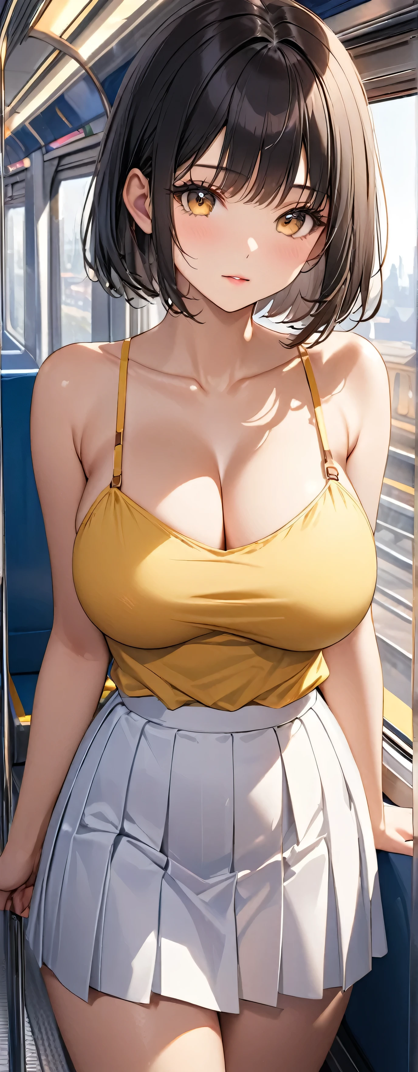 masterpiece, Highest quality, Ultra-high resolution, (beautiful girl: 1.3), Highest quality,8k,Highly detailed CG unit wallpaper,masterpiece:1.2,Ultra-high resolution,RAW Photos,Black Hair, Bobcut,Long eyelashes, Round eyes,drop shadow, Yellow camisole,White pleated skirt,Looks 20 years old,evening,e235, train interior, scenery, seat, reflection, window, reflective floor, posters (object),((Big round ass)),(Beautiful oversized chest: 1), , (Browsing Caution: 1.1), ( is grabbing woman'chest from behind: 1.4), (Breast compression: 1.3), (Grab from behind: 1.4), (Grab someone else&#39;chest: 1.4),Wet lips, (Sexual Ecstasy Face: 1.3), (Excited: 1.2), (Embarrassing: 1.2), (blush: 1.4), Sweat,The cami strap slipped off my shoulder and exposed my chest.,Beautiful pink nipples,1girl