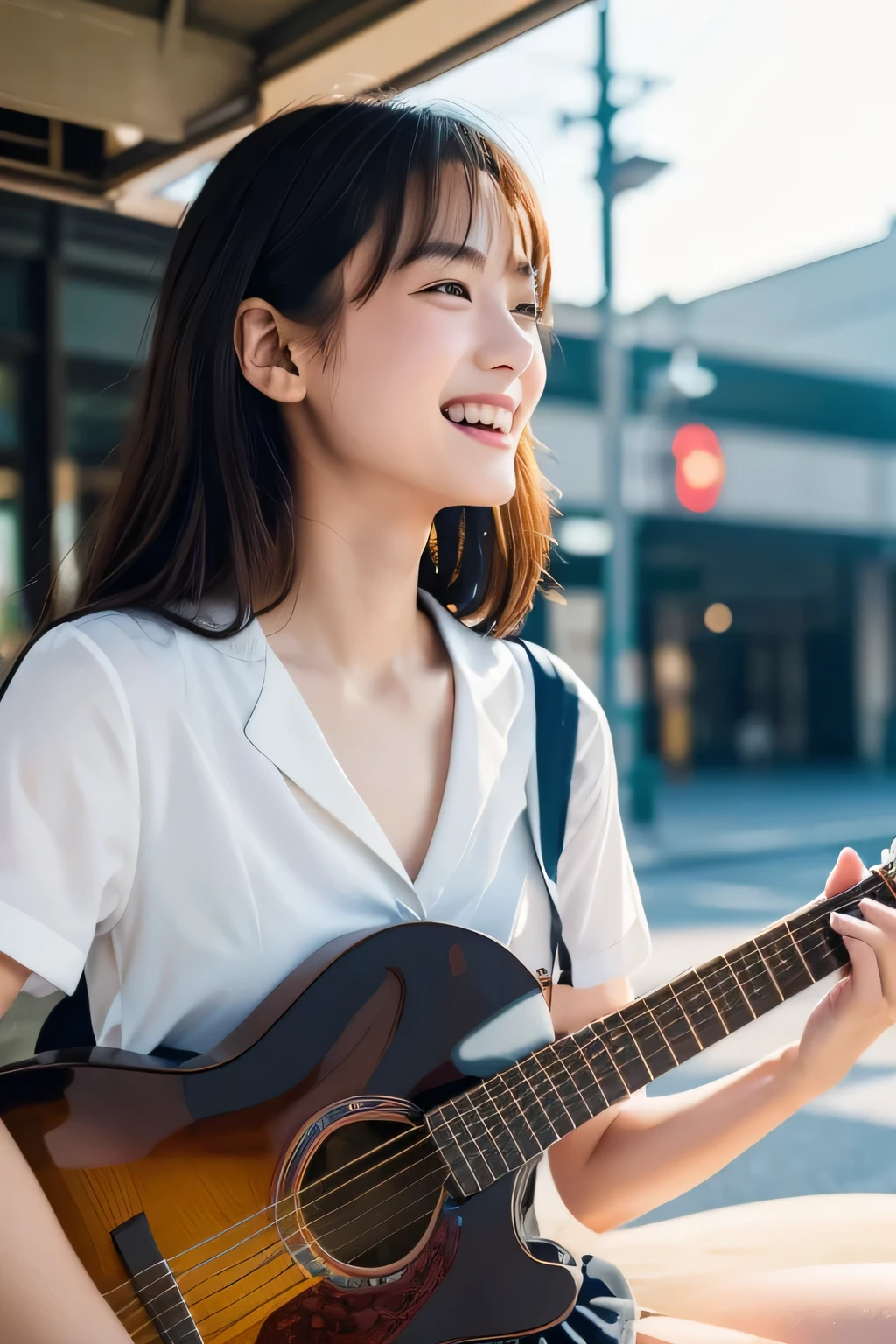 (Beautiful girl playing guitar:1.3), (Highest quality:1.4), (Very detailed), (Very detailed美しい顔), Laughing with your mouth open, (Baby Face:1.3), School uniforms, Short-sleeved sailor suit, Take a seat, Great face and eyes, iris, Medium Hair, The Beauty of Japan, (Skinny body type:1.3), (Flat Chest:1.3), (Face close-up:1.2), The square in front of the station, Passers-by behind, Smooth, Very detailed CG synthesis 8k wallpaper, High-resolution RAW color photos, Professional photography, Light, BackLight, dream-like, impressive, Written boundary depth, In front of the station, (Shot from afar and to the side:1.3)
