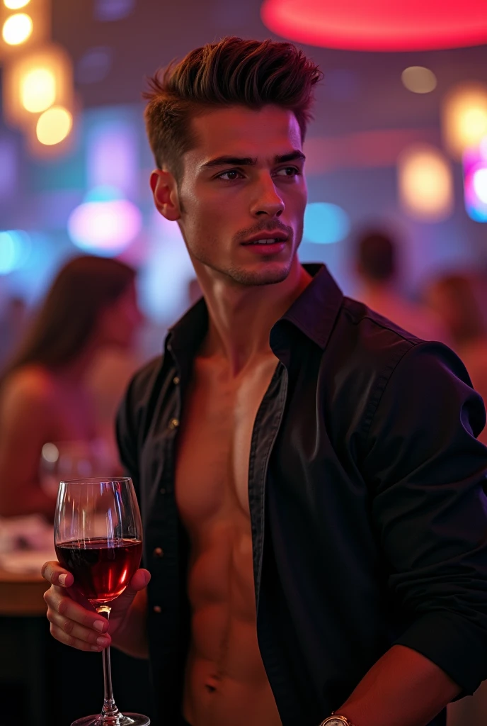 guy no beard, at night club with his friends, he wore an unbuttoned shirt that exposed his chest a bit, a watch, and he drank a glass of wine. look at me.