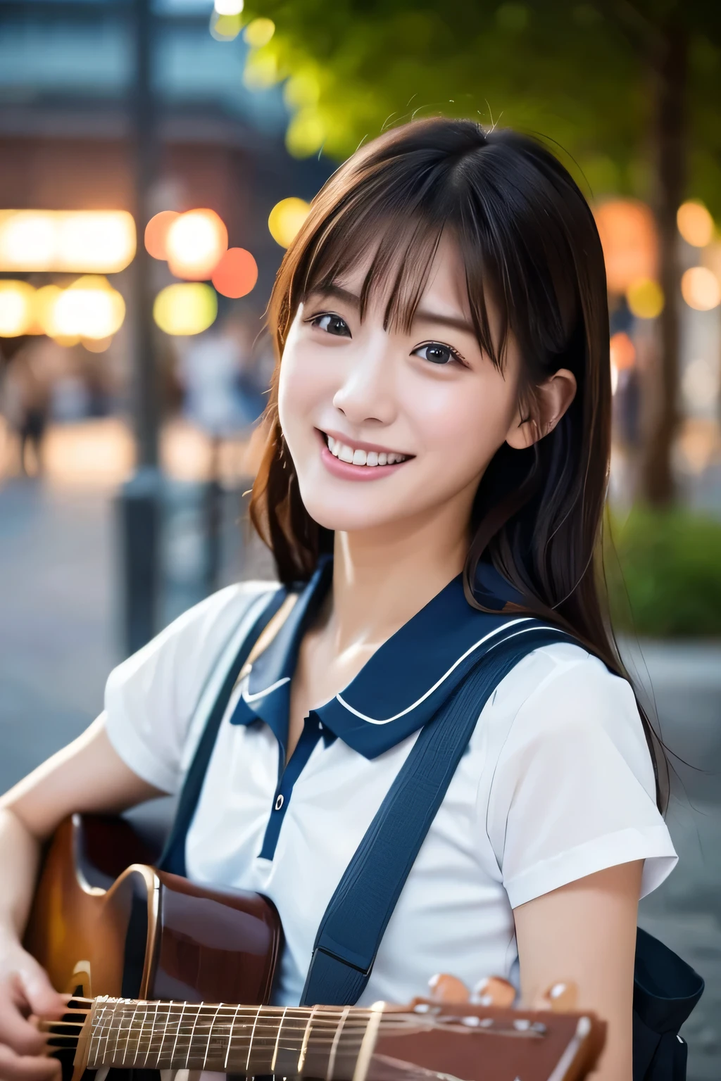 (Beautiful girl playing guitar:1.3), (Highest quality:1.4), (Very detailed), (Very detailed美しい顔), Laughing with your mouth open, (Baby Face:1.3), School uniforms, Short-sleeved sailor suit, Take a seat, Great face and eyes, iris, Medium Hair, The Beauty of Japan, (Skinny body type:1.3), (Flat Chest:1.3), (Face close-up:1.2), The square in front of the station, Passers-by behind, Smooth, Very detailed CG synthesis 8k wallpaper, High-resolution RAW color photos, Professional photography, Light, BackLight, dream-like, impressive, Written boundary depth, In front of the station, (Shot from afar and to the side:1.3)