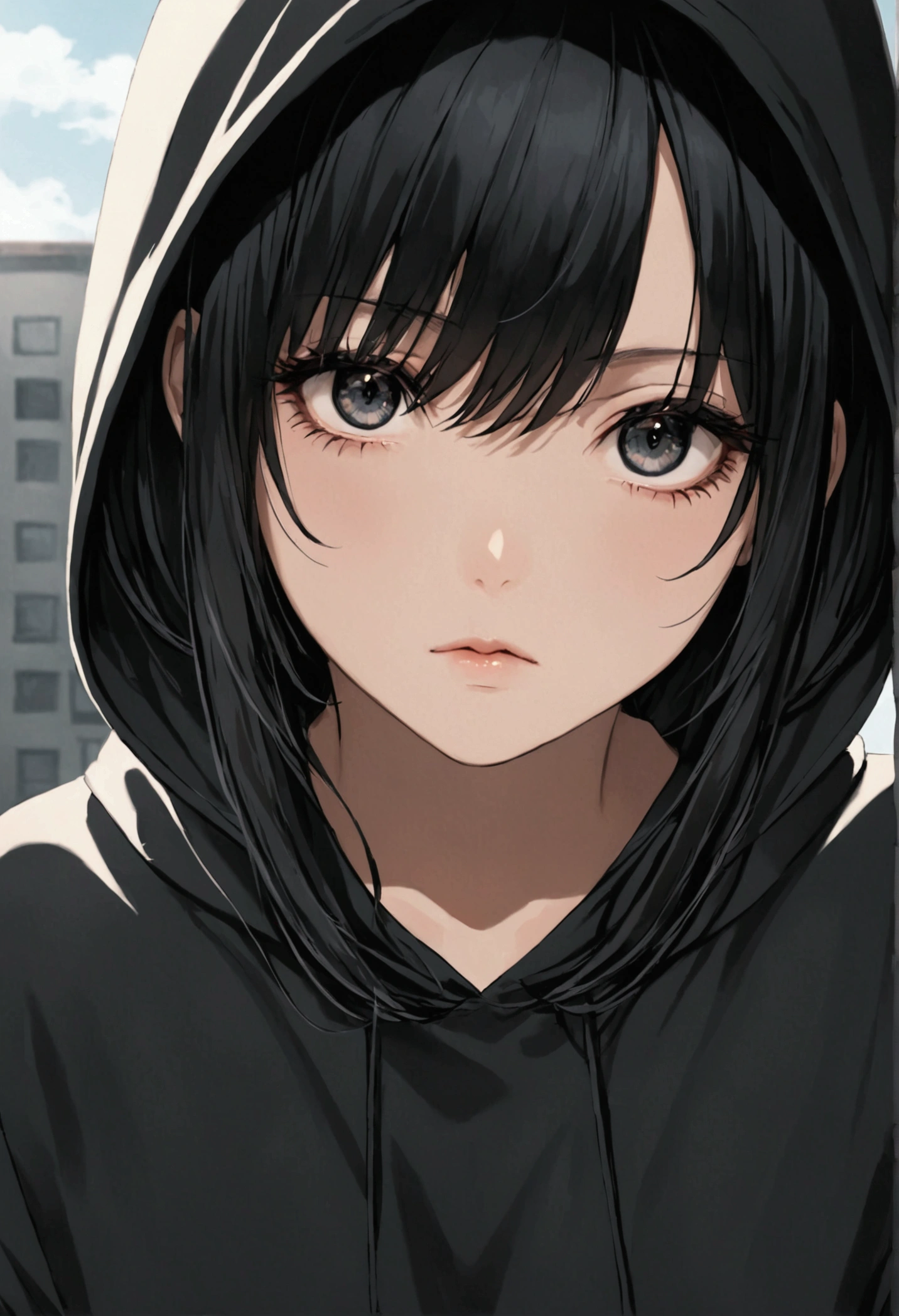 female、Long Black Hair、Oversized black hoodie、cool、Slanted Eyes、Front of face、Face close-up、Stylish、Miniskirt