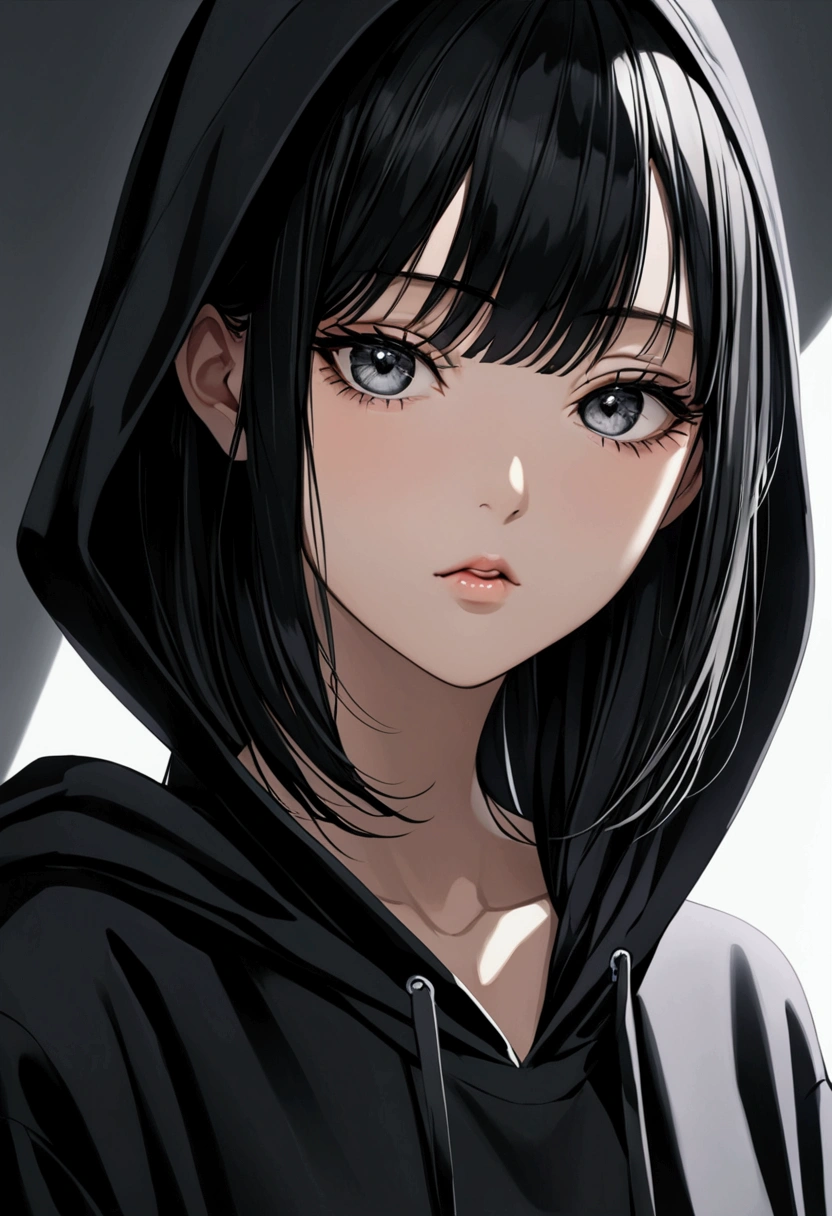 female、Long Black Hair、Oversized black hoodie、cool、Slanted Eyes、Front of face、Face close-up、Stylish、Miniskirt