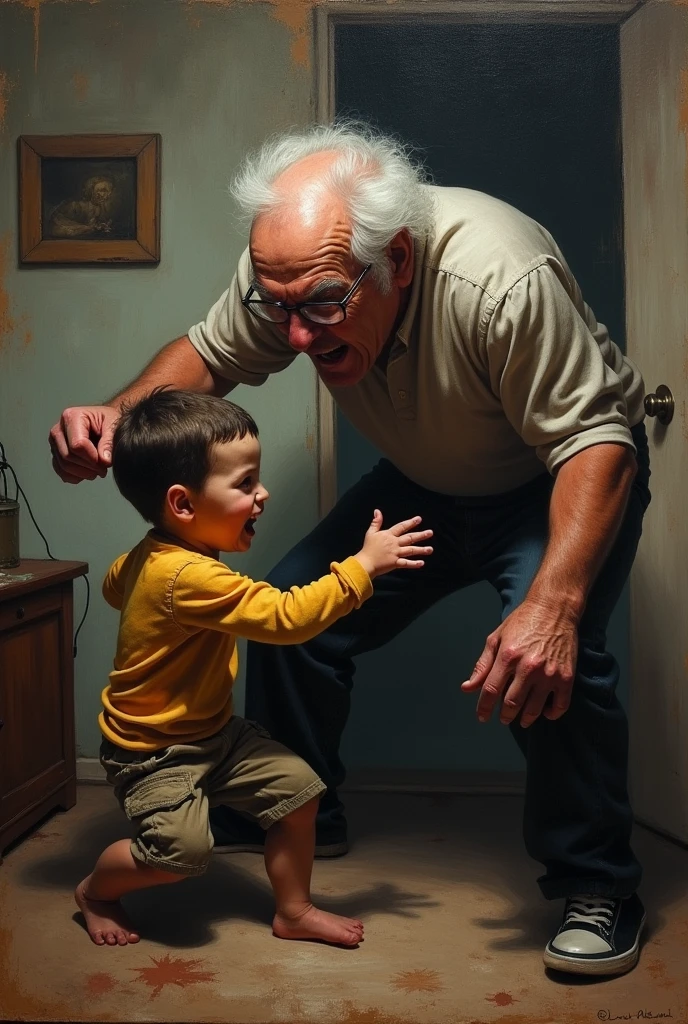 A grandfather hitting his grandson 
